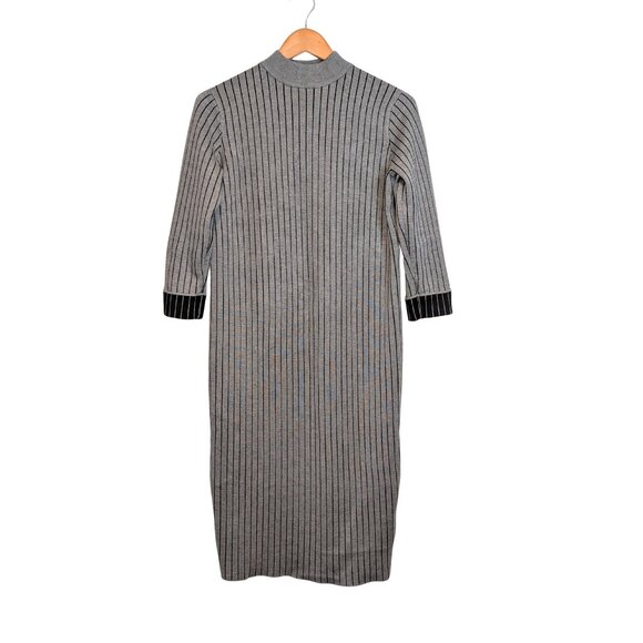 Forever 21 Sweater Dress Small Midi Ribbed Knit Gray Black Stripe - Picture 1 of 4